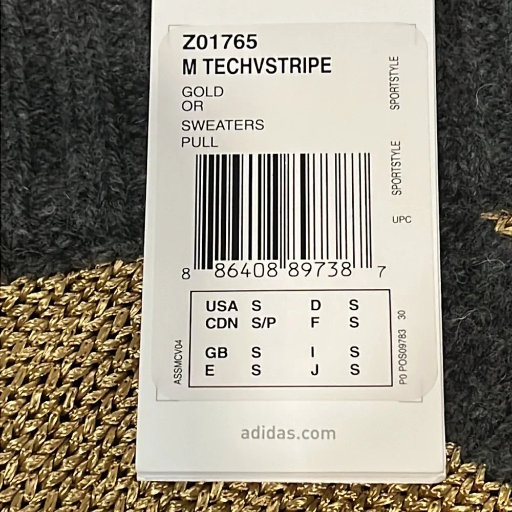 NWT $200 Adidas SLVR Tech V Neck Stripe Sweater Gray & Gold